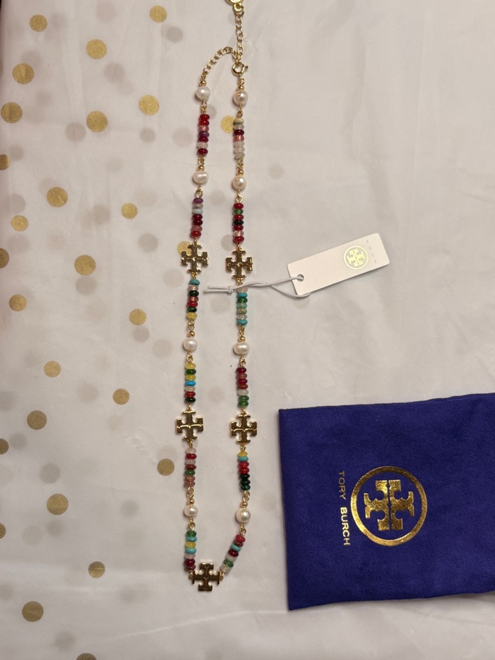 Tory Burch Multicolor Beaded Necklace with Gold Logo Accents